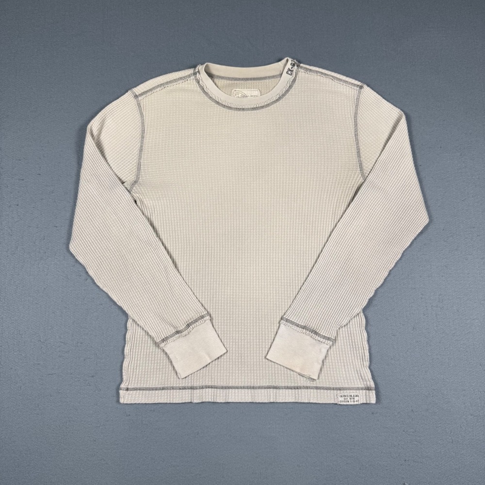 Calvin Klein Jeans Thermal Shirt Men Large Tan Waffle Knit Long Sleeve Y2K CK-67